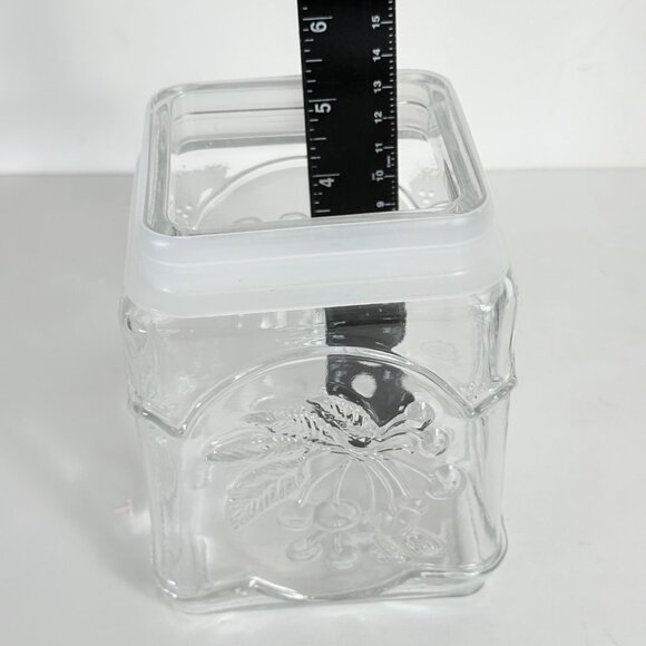 Square Clear Glass Jar Embossed Fruit Design Airtight Lid Storage Decoration - Picture 10 of 16